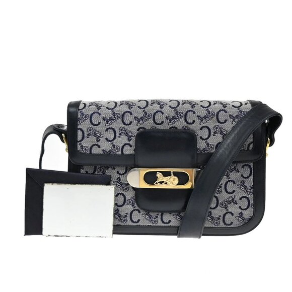 CELINE C Macadam Horse Carriage Shoulder Bag Canvas Leather Navy Blue 67EF889 - Picture 1 of 16